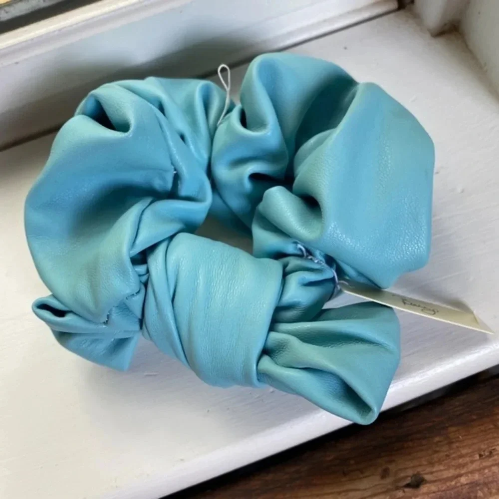 Anthropologie Faux Leather Blue Hair Bow Scrunchie